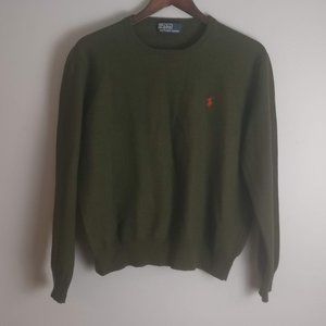 Army Green Wool Sweater, 100% Merino Wool, Polo RL Pony Logo Sweater
